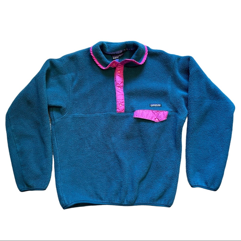Patagonia Womens Synchilla Snap Fleece Pullover Medium Turquoise & Pink USA Made